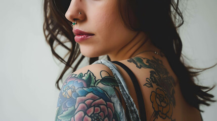Image description: A young woman with tattoos on her arm and shoulder is shown in profile. She has a nose stud and her hair is dark and wavy.