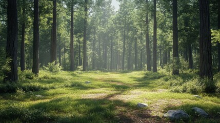 Obraz premium Forest glade with scattered pine needles