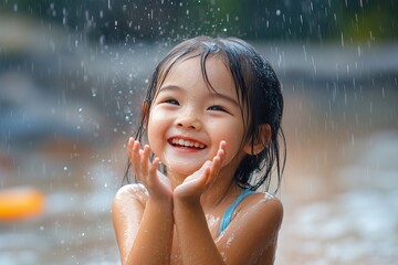 Obraz premium Happy Asian girl having fun playing in the rain