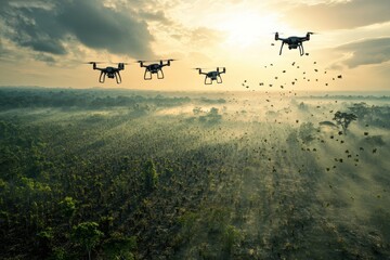 Fototapeta premium Drones replanting trees over deforested land