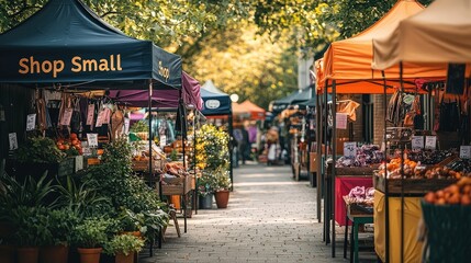 Naklejka premium A lively market filled with small business stalls, highlighted by prominent 