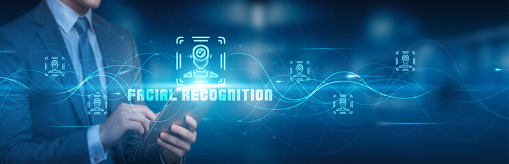 Hand holding a tablet with global network connections, symbolizing technology, futuristic advancements, and facial recognition, showcasing the integration of biometric security in digital devices 