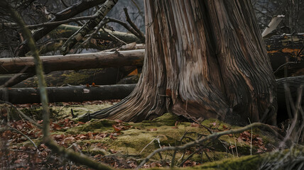 Obraz premium A close-up of a majestic tree trunk surrounded by fallen logs and moss, showcasing the beauty of a serene forest landscape.