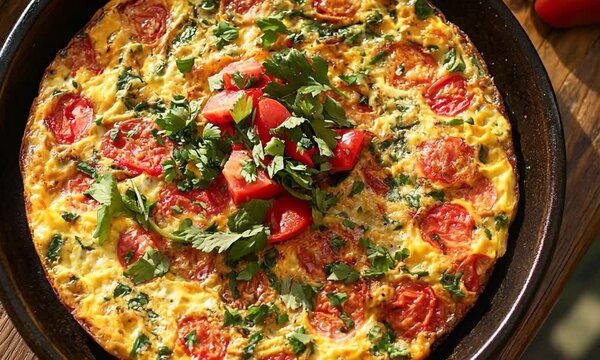 Colorful frittata topped with tomatoes and herbs.