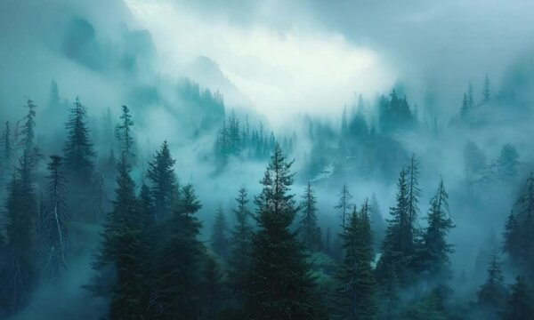 A beautiful landscape with fir trees and mountains buried in fog.