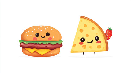 A cute cartoon burger and cheese slice with smiling faces on a white background