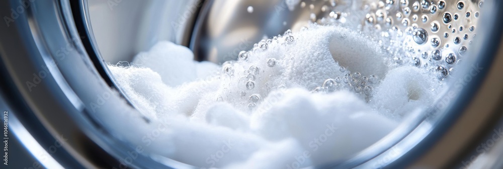 Poster the washing machine drum is packed with fluffy white towels, bubbling with water during a thorough c