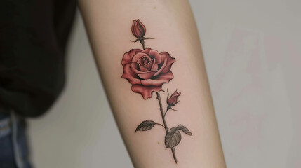 Obraz premium A beautiful and elegant black and red rose tattoo on a woman's arm. The rose is a symbol of love, beauty, and passion.