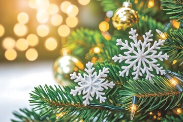 Close-up of decorated Christmas tree with golden ornaments and snowflakes..