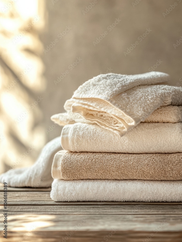 Aufkleber Freshly laundered towels in soft hues are arranged in a tidy stack, basking in warm sunlight in a tranquil setting. Generative AI
