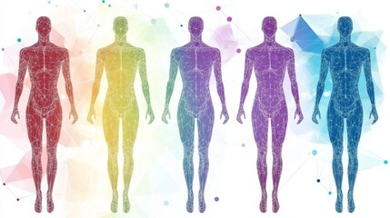 Geometric illustration featuring multi-colored human figures arranged in a dynamic pattern, representing diversity, unity, and creativity in human expression and artistic design