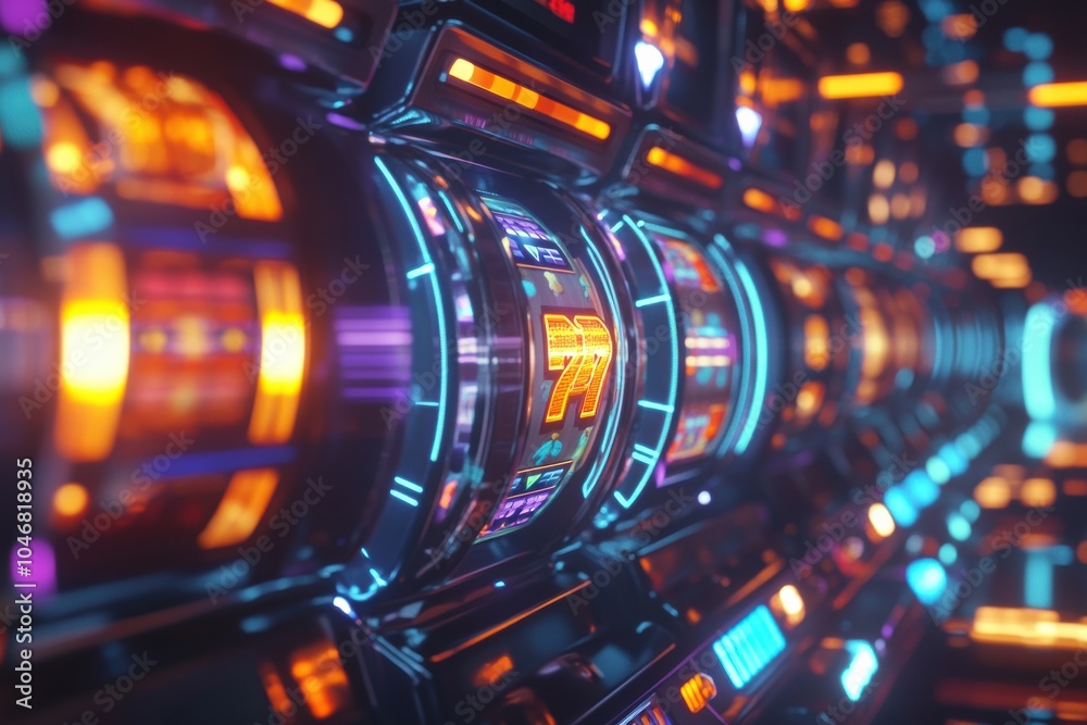 Poster a row of bright slot machines features spinning reels and a glowing jackpot symbol, creating an exci