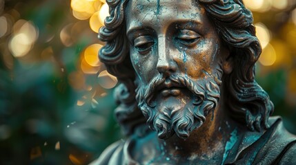 A serene close-up of a weathered statue depicting a thoughtful figure surrounded by soft golden light in a tranquil garden. Generative AI