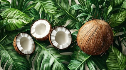 A playful depiction of a coconut with half slices floating above it, surrounded by lush green leaves, set against a crisp white background for a fresh look.