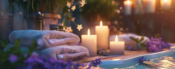 Relaxing spa scene with candles and essential oils, 4K hyperrealistic photo