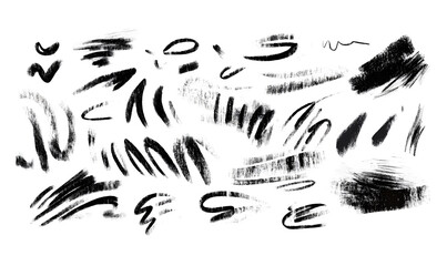 Hand drawn collection of Black Charcoal pencil squiggles, rough brush strokes, scribbles, bold zigzag line and swirls isolated on white background