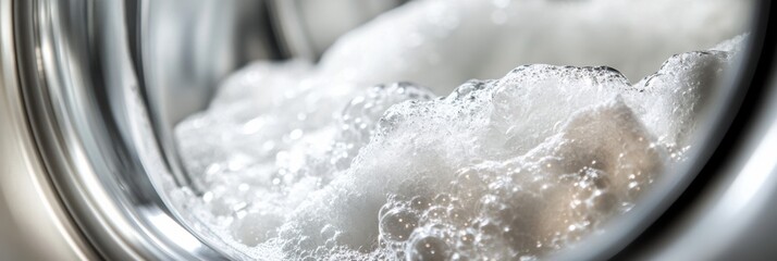 A washing machine drum is packed with white towels as soap bubbles rise while the cycle is in progress, creating a fresh and clean atmosphere. Generative AI