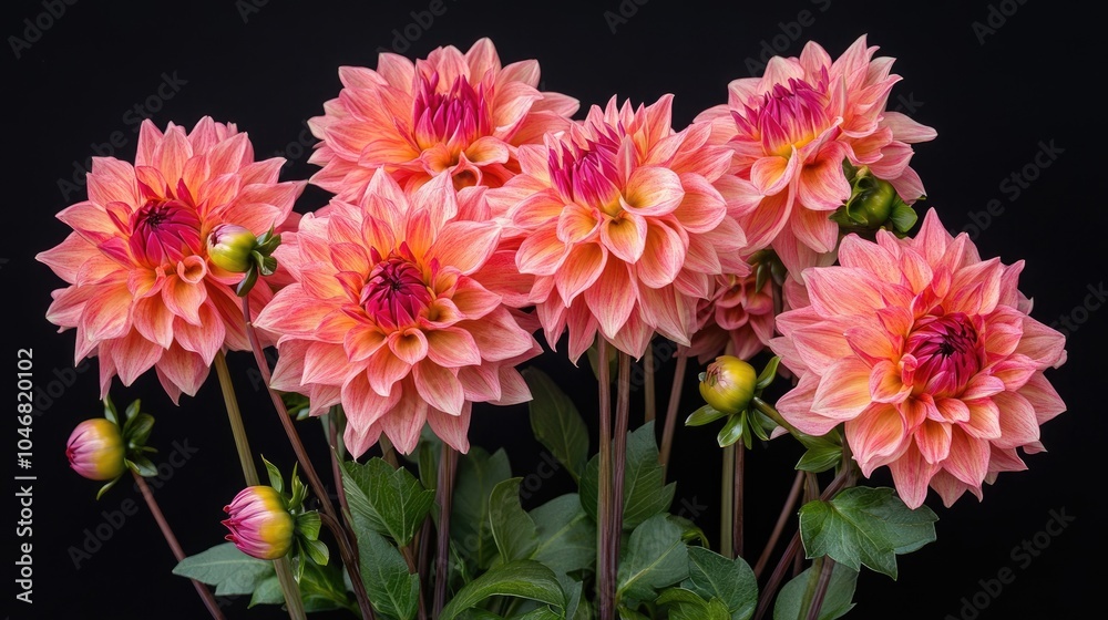 Poster A stunning close-up of vibrant pink dahlias, their intricate petals and deep colors standing out against a dark background