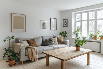 Naklejka premium Mid century Modern interiors in residential living rooms with white-tone walls and sofas and tables. Generative AI 