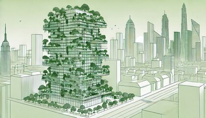 A modern skyscraper integrating greenery with a vibrant city skyline in the background.
