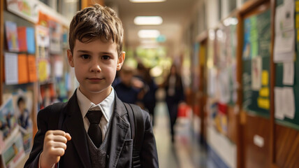 A confident schoolboy in a suit and tie holds his fist forward, expressing determination and ambition while standing in a vibrant school hallway. Ready to conquer his goals
