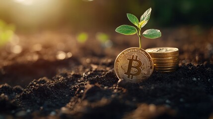 Plant sprouting from stacked cryptocurrency coins on fertile soil