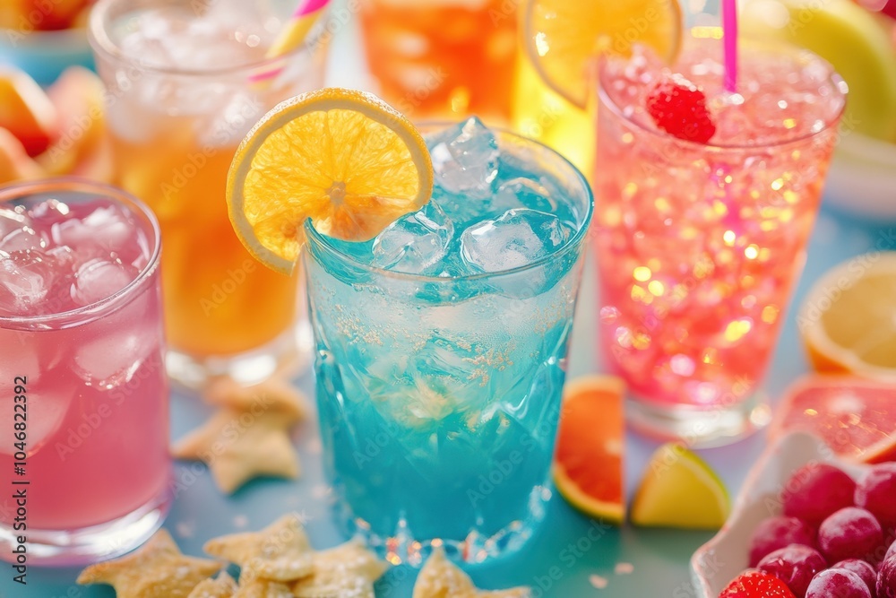 Poster brightly colored cocktails are served on a table with delicious snacks and fresh fruit slices, invit