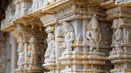 Obraz premium Intricate stone carvings of deities and figures on ancient temple facade