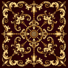 Obraz premium Ornate golden symmetrical design on rich dark red background, classic decor