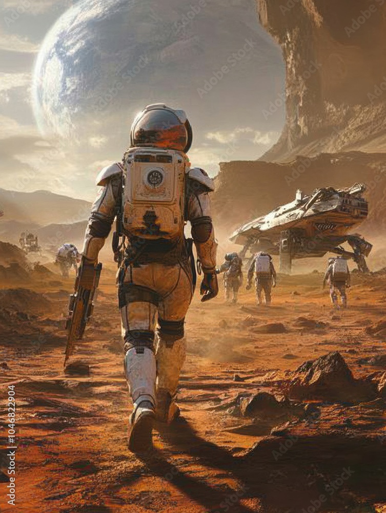 Poster A group of astronauts in space suits traverses a Martian-like terrain while a massive planet looms above them. Generative AI