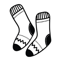 Christmas warm socks, holiday stockings, black drawing isolated on a white background	
