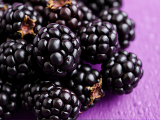 Blackberries displayed prominently against a vibrant purple background, highlighting their rich color and texture.