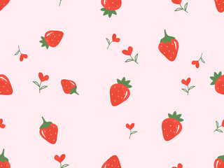 Seamless pattern with strawberry with green leaves and heart shape flower on pink background vector.
