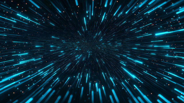 Abstract futuristic background with blue glowing light rays, stars, and space. Digital technology concept with a starry sky, black hole, or wormhole in the universe, big data connection.