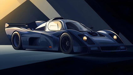 A sleek, futuristic race car design showcased in a dramatic lighting setting. Black and white background images -
