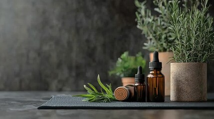 A tranquil setup with a yoga mat, essential oils, and a plant on a clear black background, highlighting the connection between aromatherapy and wellness practices.