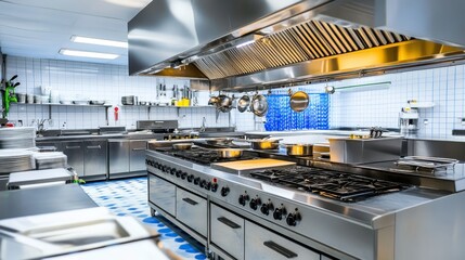 Naklejka premium Professional Stainless Steel Kitchen Equipped with Industrial Stove, Ovens, and Ventilation System.
