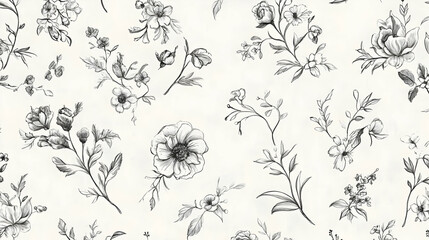 A delicate black-and-white floral pattern featuring various flowers and leaves on a light background. Black and white background images -