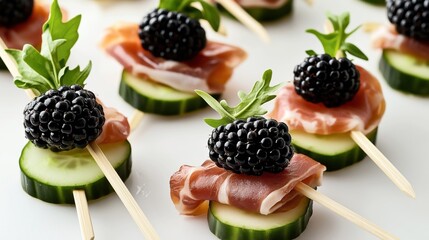 Close-up of gourmet appetizers with blackberries, prosciutto, and arugula on cucumber slices, skewered with toothpicks on a white background.