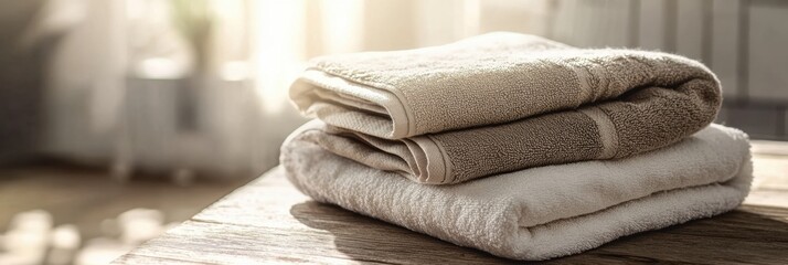 Two neatly folded towels sit on a wooden table, illuminated by warm sunlight filtering through a window, enhancing the cozy ambiance. Generative AI
