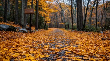 Forest path with scattered yellow leaves