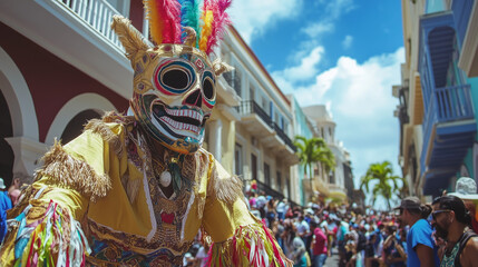 Festival de Ponce, a lively parade with colorful costumes and traditional Puerto Rican vejigante masks, Ponce streets are bustling with festival decorations and enthusiastic crowds, AI generated image