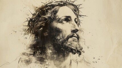 Fototapeta premium A profound depiction of Christ crowned with thorns, showcasing emotion and spirituality in soft hues. Generative AI