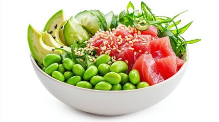 A vibrant poke bowl filled with fresh tuna, avocado, and edamame, beautifully arranged with sesame seeds and seaweed, on a white background for emphasis.