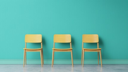 Obraz premium Minimalist design of three wooden chairs against a vibrant turquoise wall a study in color and shape harmony