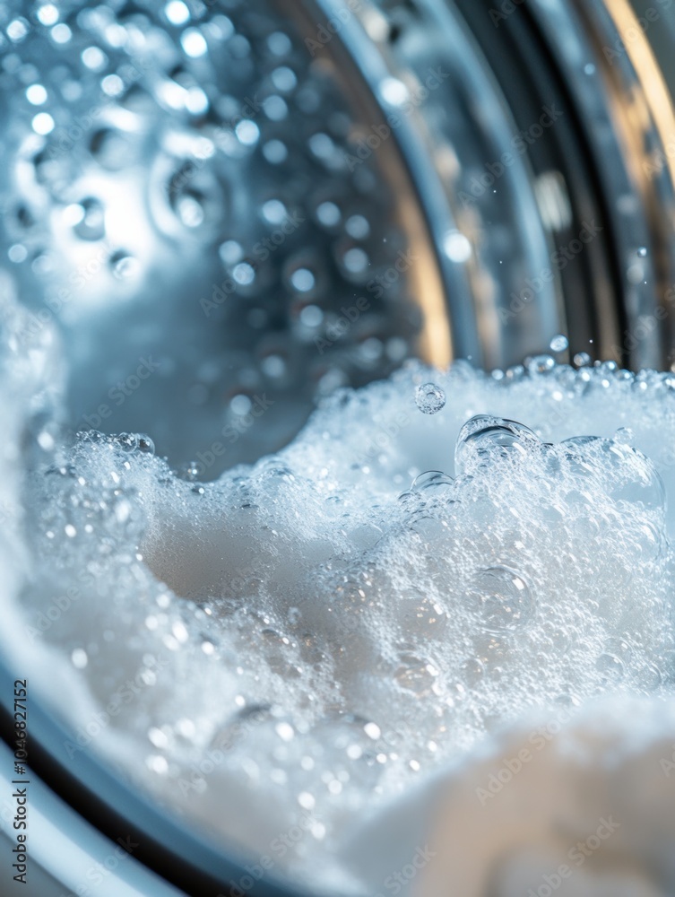 Poster white towels swirl in a washing machine drum, creating a bubbly wash during a laundry cycle, showcas