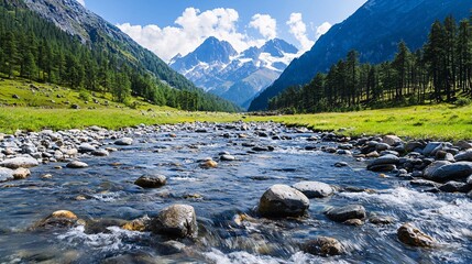 Breathtaking mountain landscape with crystal clear river flowing through lush green valley under bright blue sky and majestic peaks