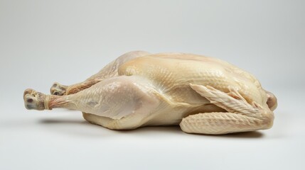 Obraz premium A whole raw chicken lying on a bright white background, inviting home cooks to envision their next flavorful dish.