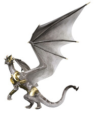 Naklejka premium 3D rendered white dragon with a golden armor isolated on transparent background