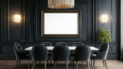 Elegant dining room with a blank frame on the wall